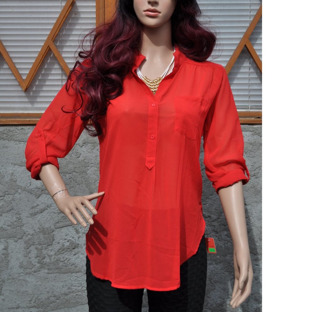 Women's T Shirts Roll up Sleeves Chinese Collar Long Sleeve
